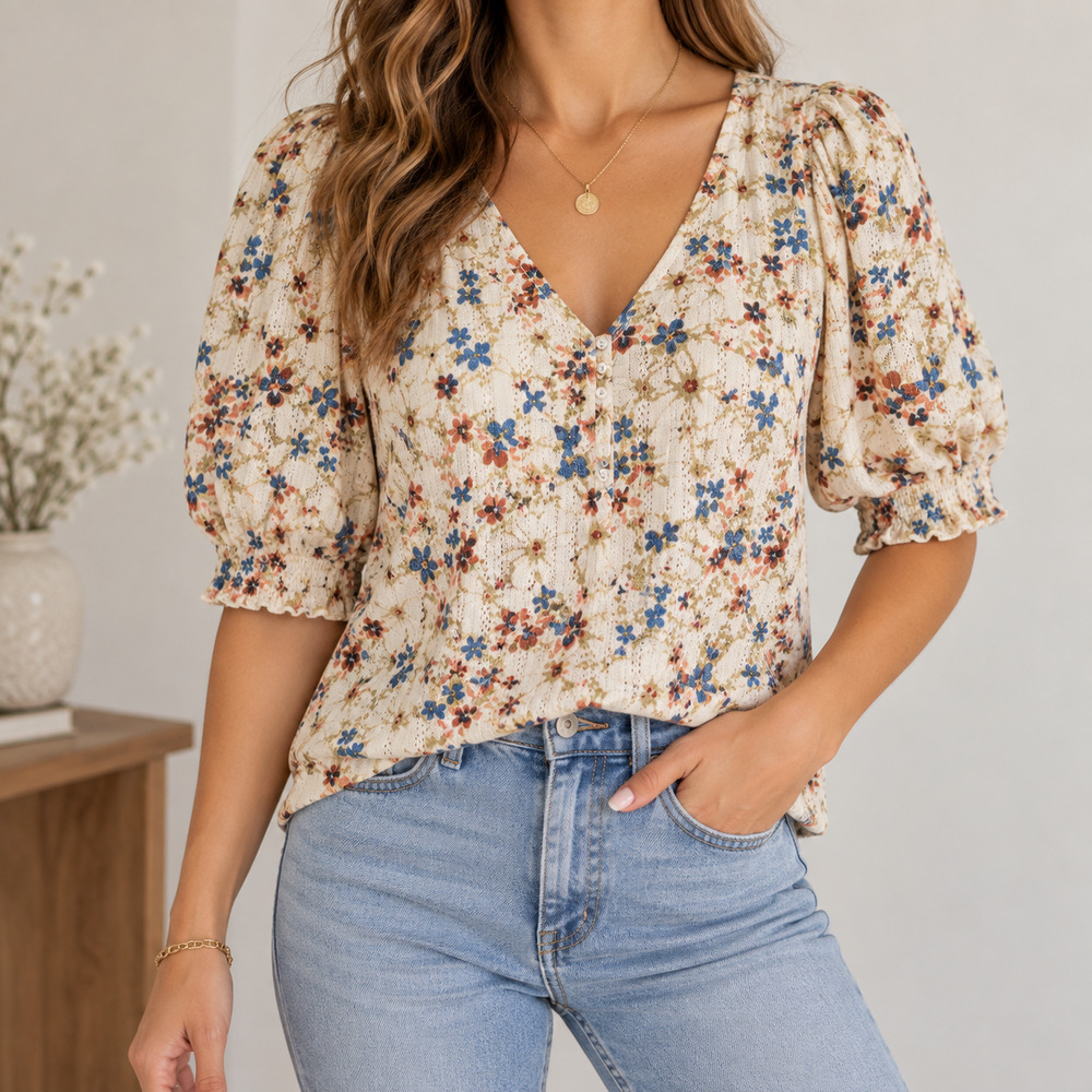 Lucky Brand Womens Floral Puff Sleeve Top Size XL Cream Pointelle V-neck Cottage